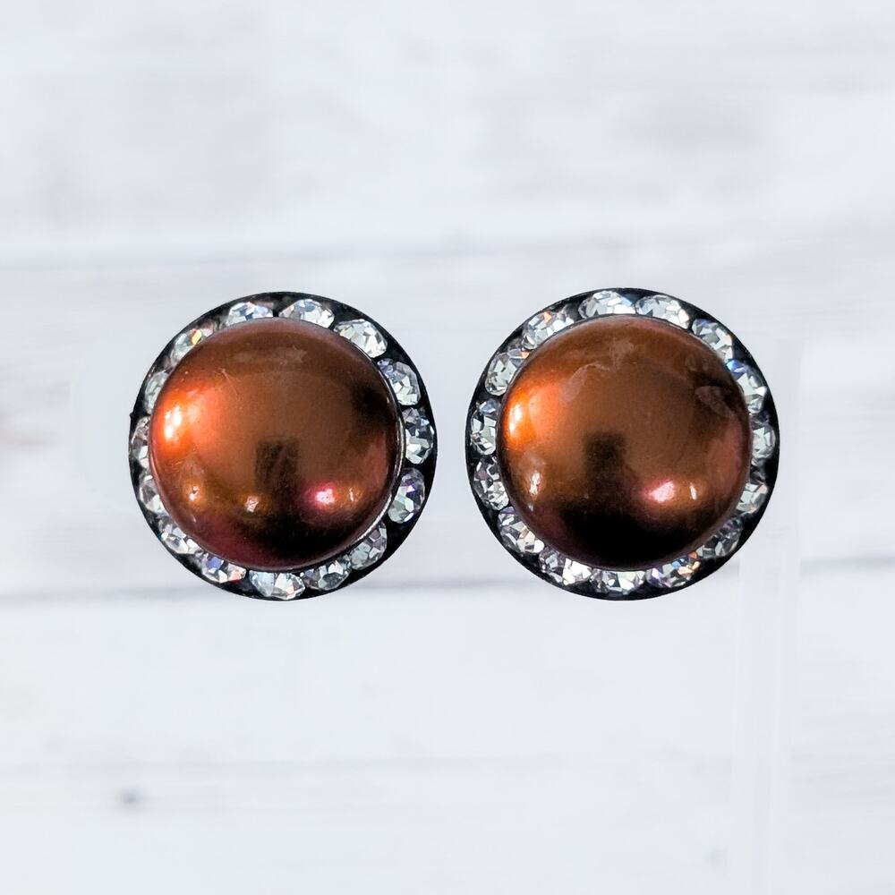 Vintage Clip On Earrings Copper Tone Domed with Clear Gem Halo